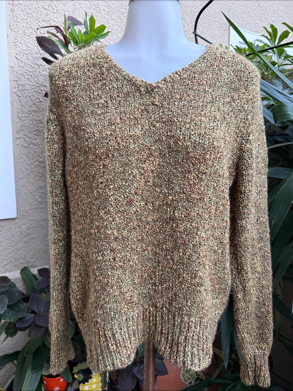 Vintage Talbots Speckled Green -Brown V-Neck Wool Knit Sweater